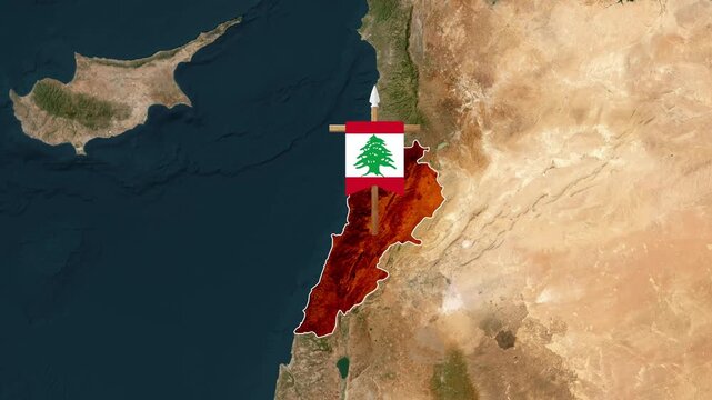 3D satellite map animation zooming into Lebanon with national flag