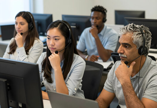 Customer support and call center training, diverse team of employees wearing headsets working on computers in a modern office environment for business