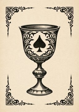 Ornate vintage jigger and measuring cup with playing card motif on textured offwhite paper in black linocut style