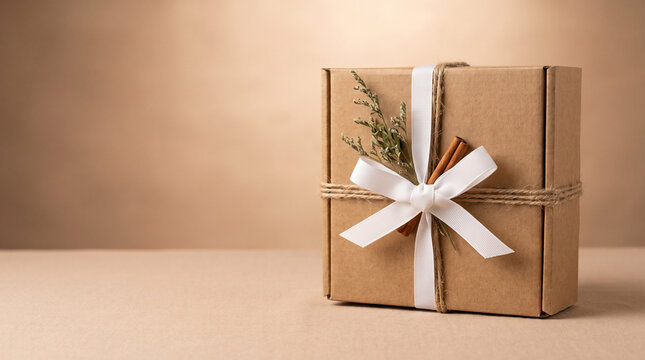 Kraft paper gift box twine white ribbon on beige backdrop