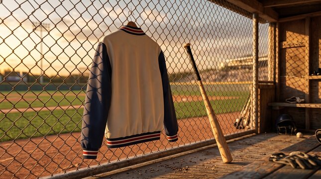 Blank varsity bomber jacket hanging on baseball field fence mockup at sunset