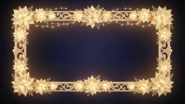 Elegant golden Christmas frame with glowing poinsettias and decorative ornaments, perfect for festive designs.