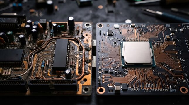 Electronic circuit board with CPU processor, macro view of computer hardware components, copper motherboard traces and microchips for technology concept