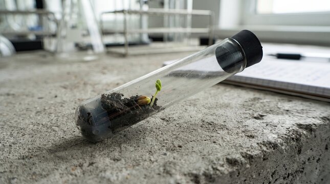 Green plant sprout growing in glass test tube with soil, biotechnology research in laboratory, agricultural science and sustainable ecology concept