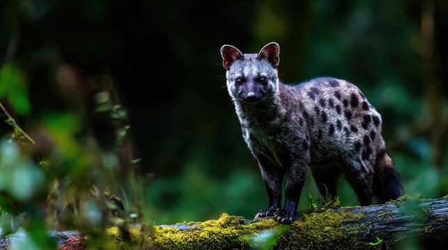 Wild African civet on mossy log in dim rainforest, spotted coat and dark face mask, wildlife and nature concept