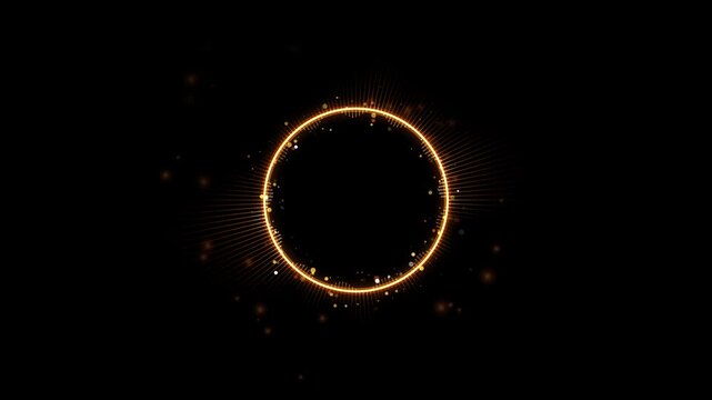 Golden glowing circular audio visualizer with floating particles on black background, sound wave music equalizer
