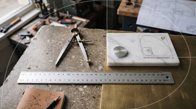 Vintage drafting tools on stone workbench, professional architect compass and steel ruler, golden ratio design sketch on marble slab