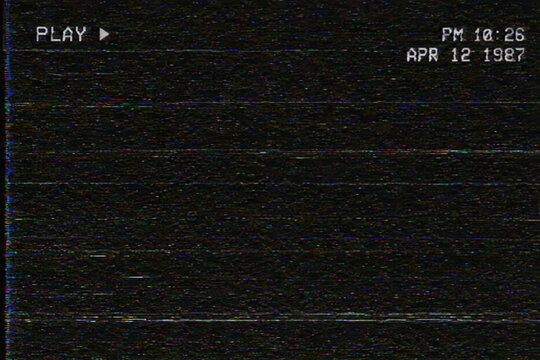 Retro VHS tape noise overlay background with play symbol and timestamp April 12 1987