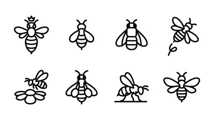 Fototapeta premium Set of Bee Icons: A collection of stylized line art icons depicts various poses and types of bees, including a queen bee and bees interacting with a flower.
