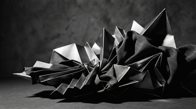 Abstract geometric paper sculpture in black and white, sharp origami folds and fabric textures, conceptual architectural paper art