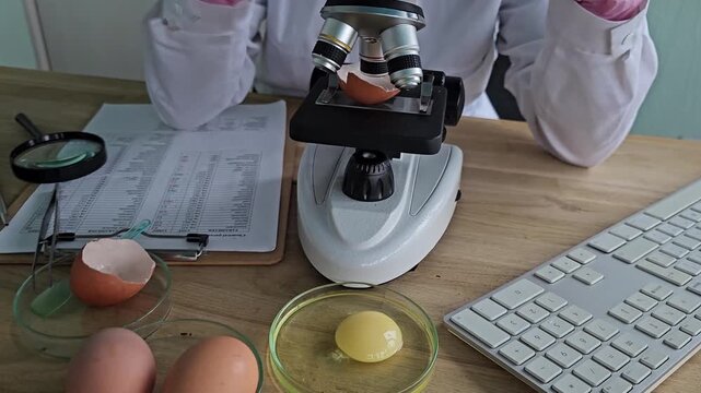 Microscope examination of an egg in a lab with various tools and ingredients present