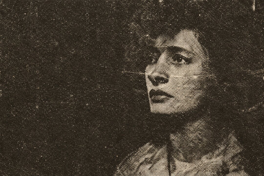 Retro newspaper halftone print effect of female portrait with weathered paper texture
