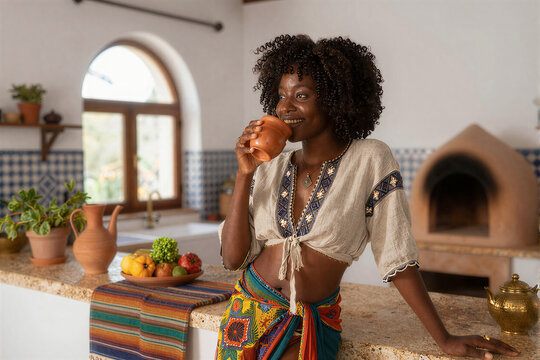 Serene Woman Sipping Tea in Moroccan Kitchen
