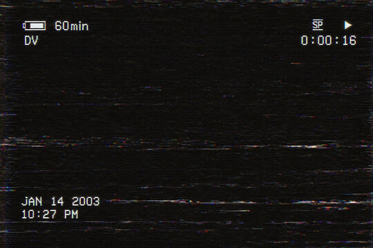 Y2K MiniDV camcorder screen overlay with battery indicator timestamp 2003 and video noise
