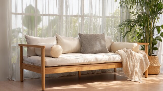 Daybed with white cushions and beige blanket in sunroom with potted palm, home interior concept