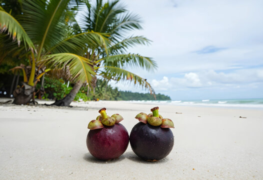 Tropical vacation and healthy lifestyle, fresh mangosteen fruits on a white sand beach with palm trees and ocean background for summer travel