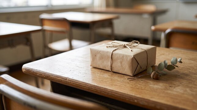 A wrapped brown paper gift box tied with twine sitting on a wooden school desk in an empty classroom setting with an acorn and branch