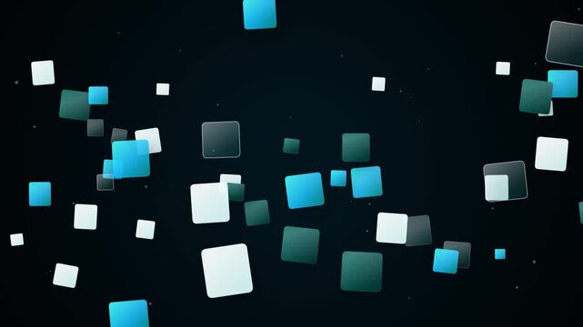 Abstract Motion Background Featuring Floating Glowing Blue and White Squares on Dark Black Backdrop
