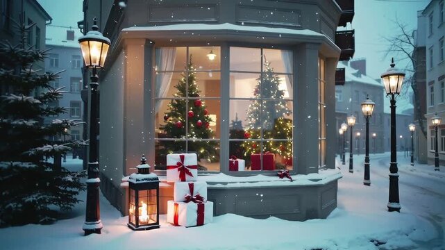 Winter holiday decorations and snow at a cozy storefront in a small town
