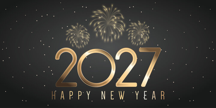 Golden 2027 Happy New Year Text Effect on Dark Background with Fireworks