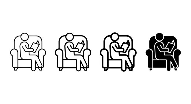 Reading Person Icons, Book Reader Vector Graphics, Cozy Armchair Silhouette Set, Relaxation Lifestyle Symbols