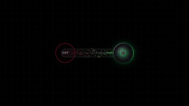 Digital Motion Graphic Toggle Switch Interface Featuring Animated Particle Effects And On Text Label