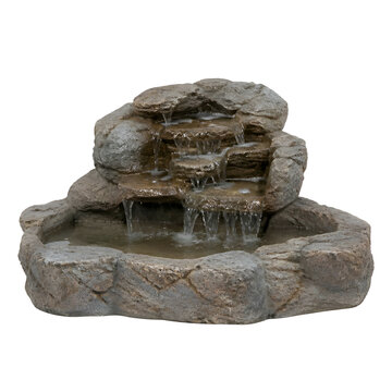 Small stone cascading water fountain isolated on a white background for home decoration