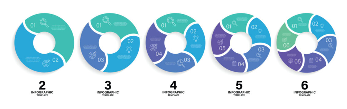 Circle process infographics set. infographic template, circle process chart, diagram, business cycle, workflow diagram, ring chart, 2, 3, 4,  5, 6 steps presentation slide vector graphic, process. 