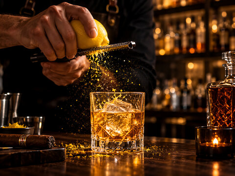 Bartender zesting a lemon over an old fashioned cocktail in a dimly lit bar setting