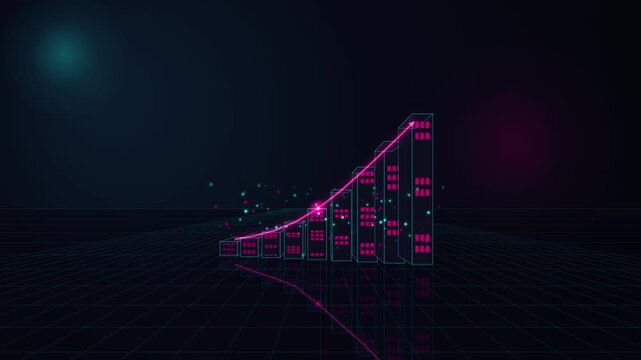 Neon digital growth chart with rising arrow, futuristic financial data visualization, business success concept, 3 d bar graph animation