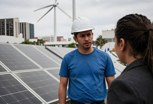 Sustainability and green energy transition, engineer and manager discussing solar panel installation and wind turbine power generation on urban rooftop