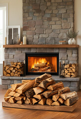 Fototapeta premium Home heating and energy efficiency, stack of firewood logs in front of a cozy stone fireplace with burning flames for winter comfort and interior design