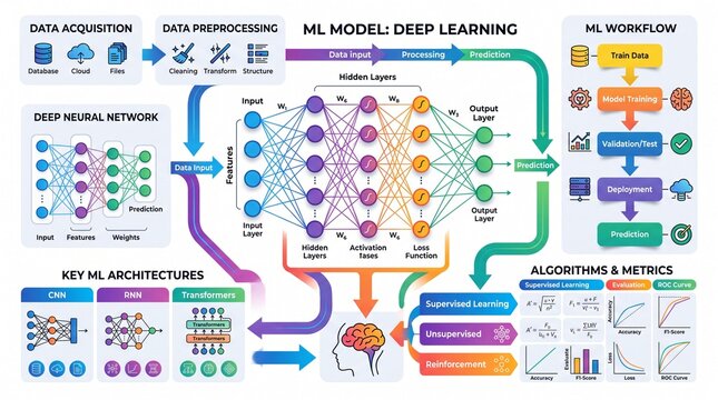 Modern business infographic elements depicting machine learning neural networks, colorful data flowcharts, precise geometric layout, isolated white background