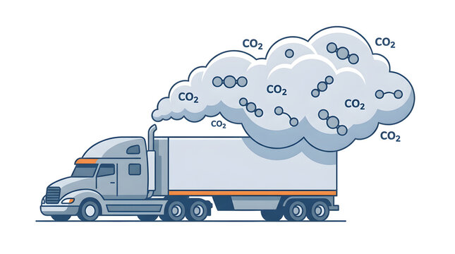 Semi truck vehicle emitting heavy CO2 exhaust smoke vector illustration, carbon dioxide air pollution and environmental impact of logistics transport concept isolated on white background