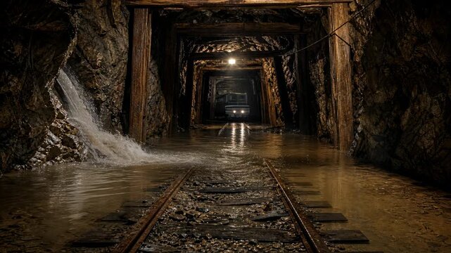Abandoned Mine Tunnel Flooded Railway Track Wooden Support Underground Rock Wall Falling Water Dark Atmosphere