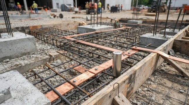 New battery plant foundation with concrete footings steel rebar cages copper busbars and a cylindrical battery cell