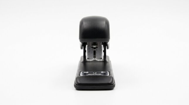 A black office stapler with a metallic silver staple insertion mechanism viewed from the front on a clean PNG Isolated on transparent background