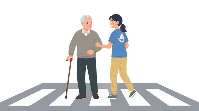 A young woman assisting an elderly man with a cane as they cross a pedestrian street