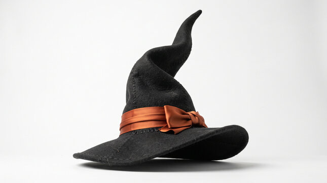 Black witch hat with orange ribbon isolated on white background