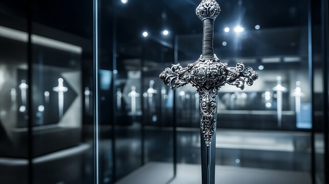An ornate, silver sword is displayed in a glass case, surrounded by blurred background of other weaponry