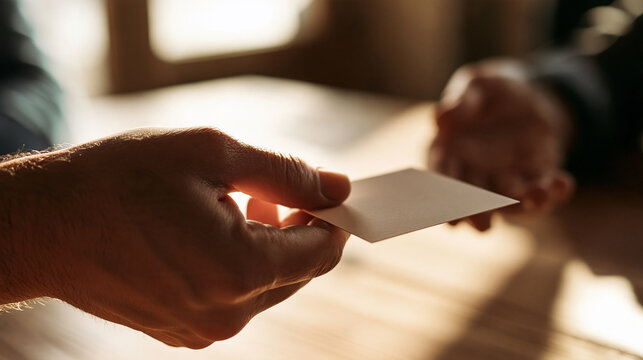 Hand Handing Over a Blank Business Card at a Meeting