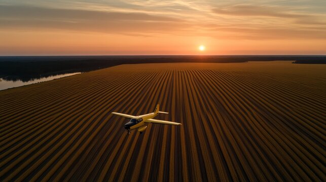 A small plane flies over a vast, golden field at sunset, creating a serene and picturesque scene