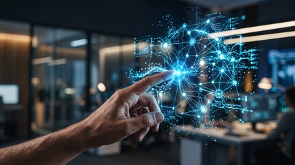 Human Finger Touching Futuristic Digital Neural Network Sphere in Modern Office Setting