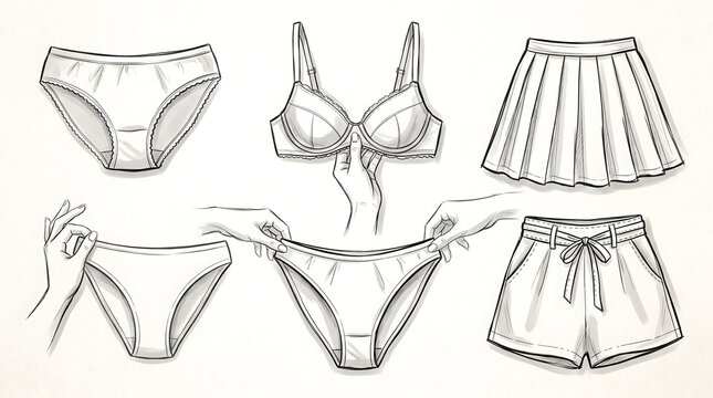 Fashion sketches of women's apparel including lingerie and skirts on paper