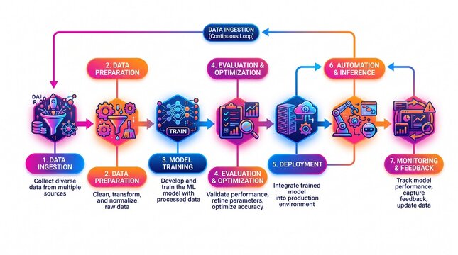 A logical flow chart explaining the complete machine learning lifecycle including data ingestion preparation model training evaluation optimization deployment automation and continuous