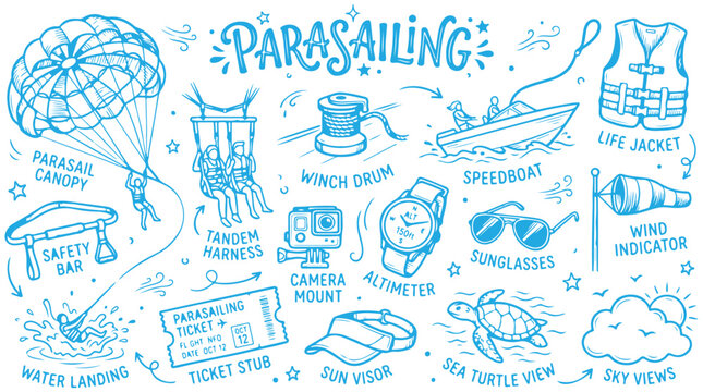 Vector parasailing doodle set with parachute canopy speedboat safety gear and water sport equipment illustrations