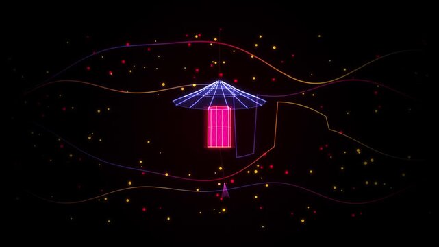 Neon Pink Lantern Symbol With Glowing Blue Geometric Umbrella Canopy Motion Graphics Background