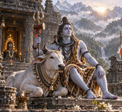 Lord Shiva Meditating at Kailash: A serene depiction of Lord Shiva, adorned with sacred ash and tiger skin, seated beside his celestial bull Nandi at the majestic Kailash mountain.