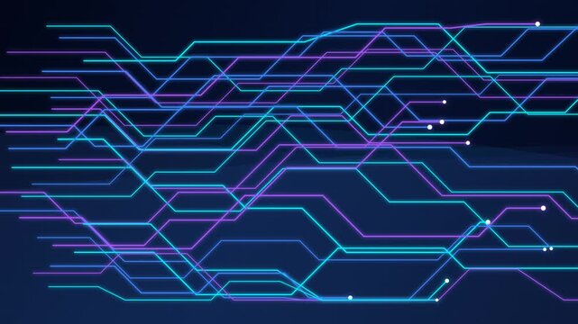 Animated futuristic printed circuit board PCB lines and nodes glowing in cyan and purple across a dark blue gradient background.