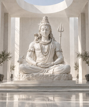 The Meditative Deity: A serene marble statue of the Hindu god Shiva sits in a meditative pose within a grand, sunlit structure, exuding an aura of spiritual peace and enlightenment.